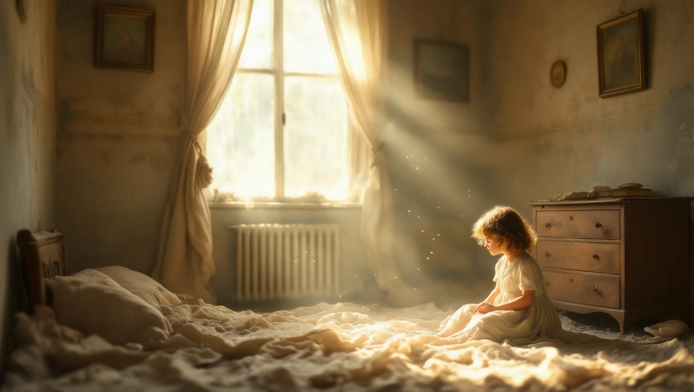 Egy kisgyermek ül egy világos szobában, napfény árad be az ablakon.