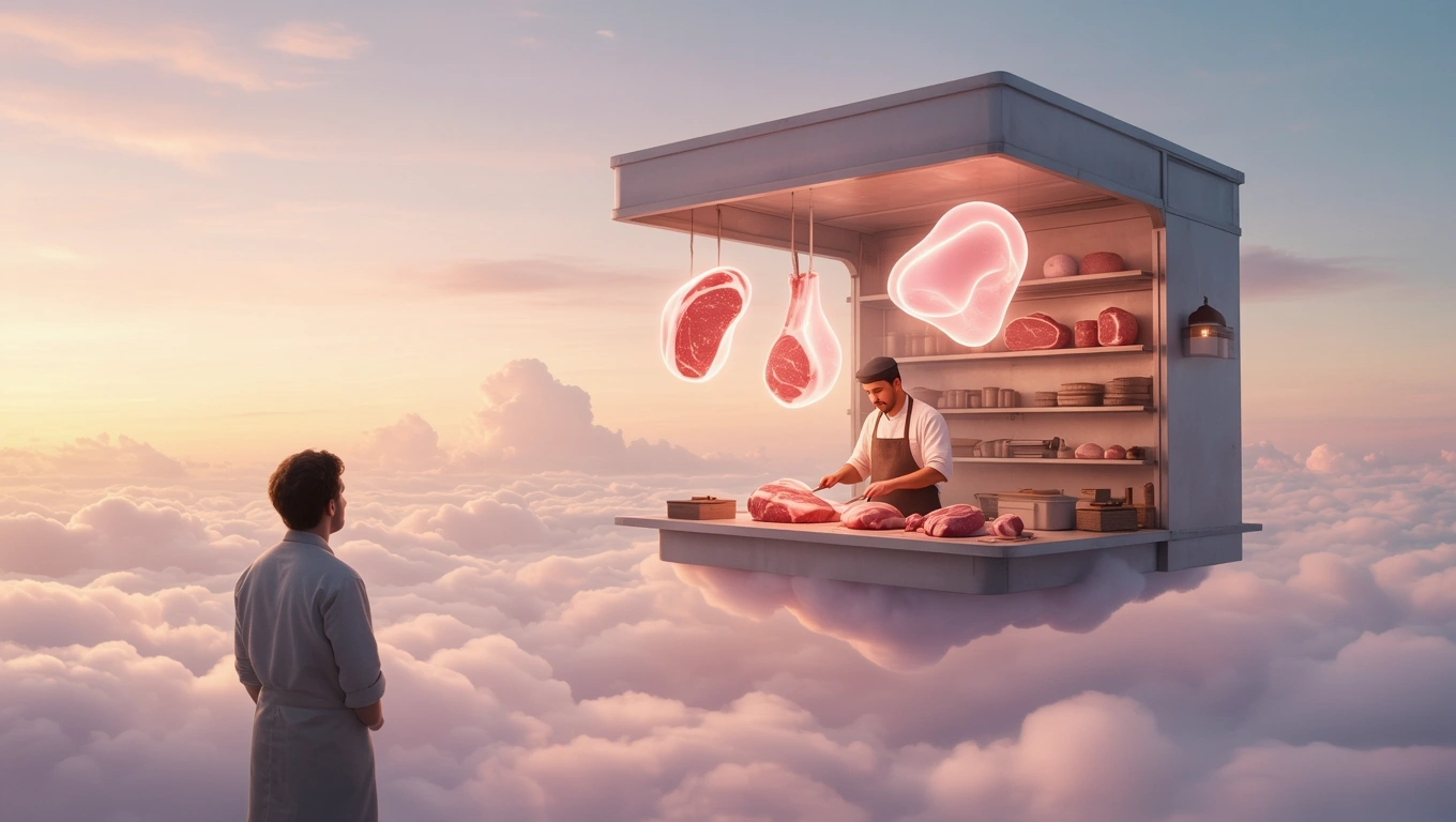 Mit jelent hentessel álmodni? – Részletes álomfejtés és értelmezés Egy hentes dolgozik egy lebegő pultnál, körülötte húsdarabok a felhők felett.