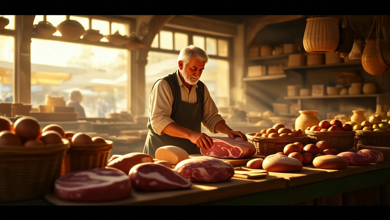 Mit jelent hentessel álmodni? – Részletes álomfejtés és értelmezés Egy hentes, aki friss húsokat készít elő egy piacon, körülötte zöldségek és gyümölcsök.
