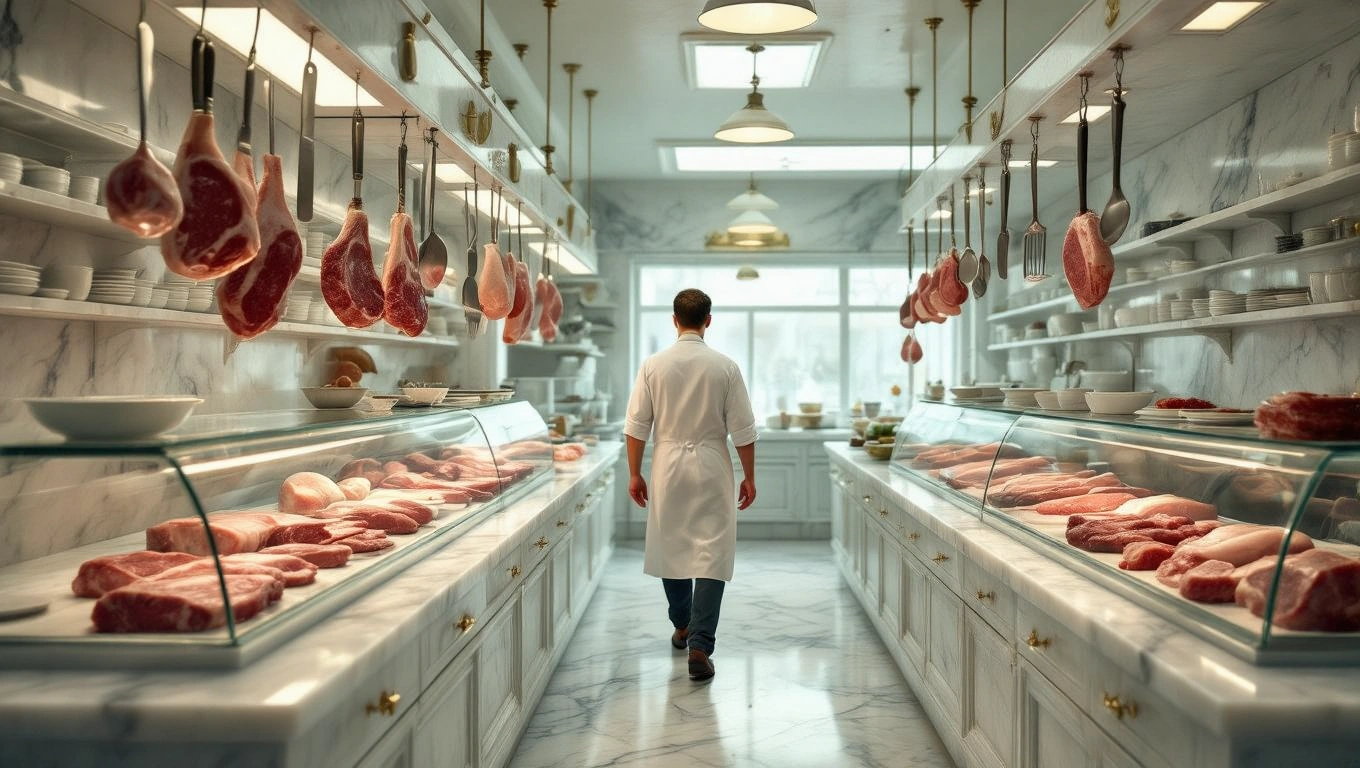 Mit jelent hentessel álmodni? – Részletes álomfejtés és értelmezés Egy hentes bolt belső tere, ahol friss húsok lógnak és a hentes dolgozik.