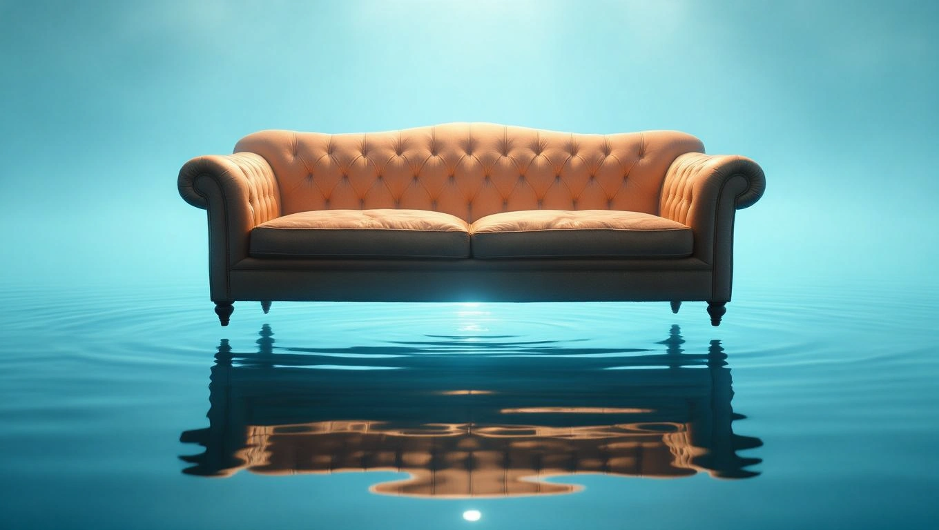 Mit jelent heverővel álmodni? – Részletes álomfejtés és értelmezés Egy heverő lebeg egy vízfelületen, nyugodt kék háttér előtt.