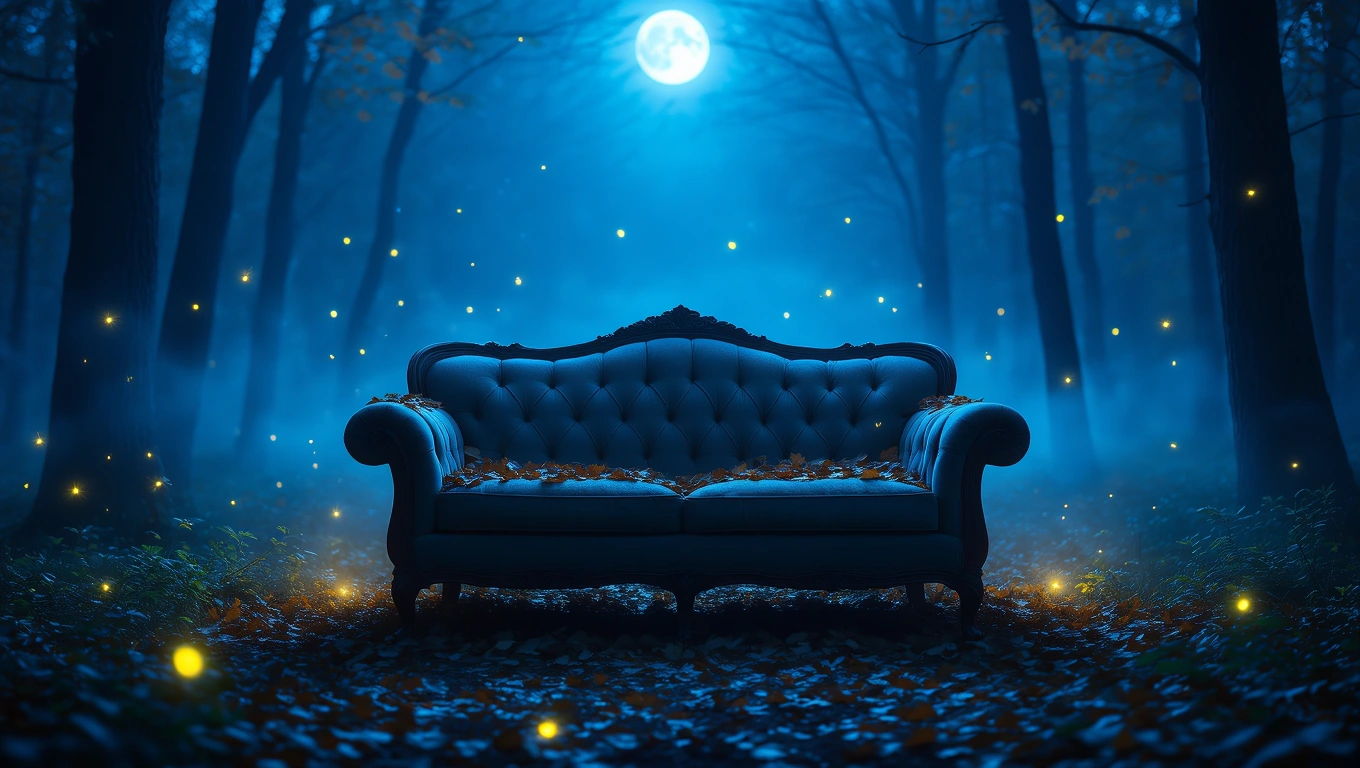 Mit jelent heverővel álmodni? – Részletes álomfejtés és értelmezés Egy heverő áll egy sötét, ködös erdőben, körülötte fénylő pontokkal.