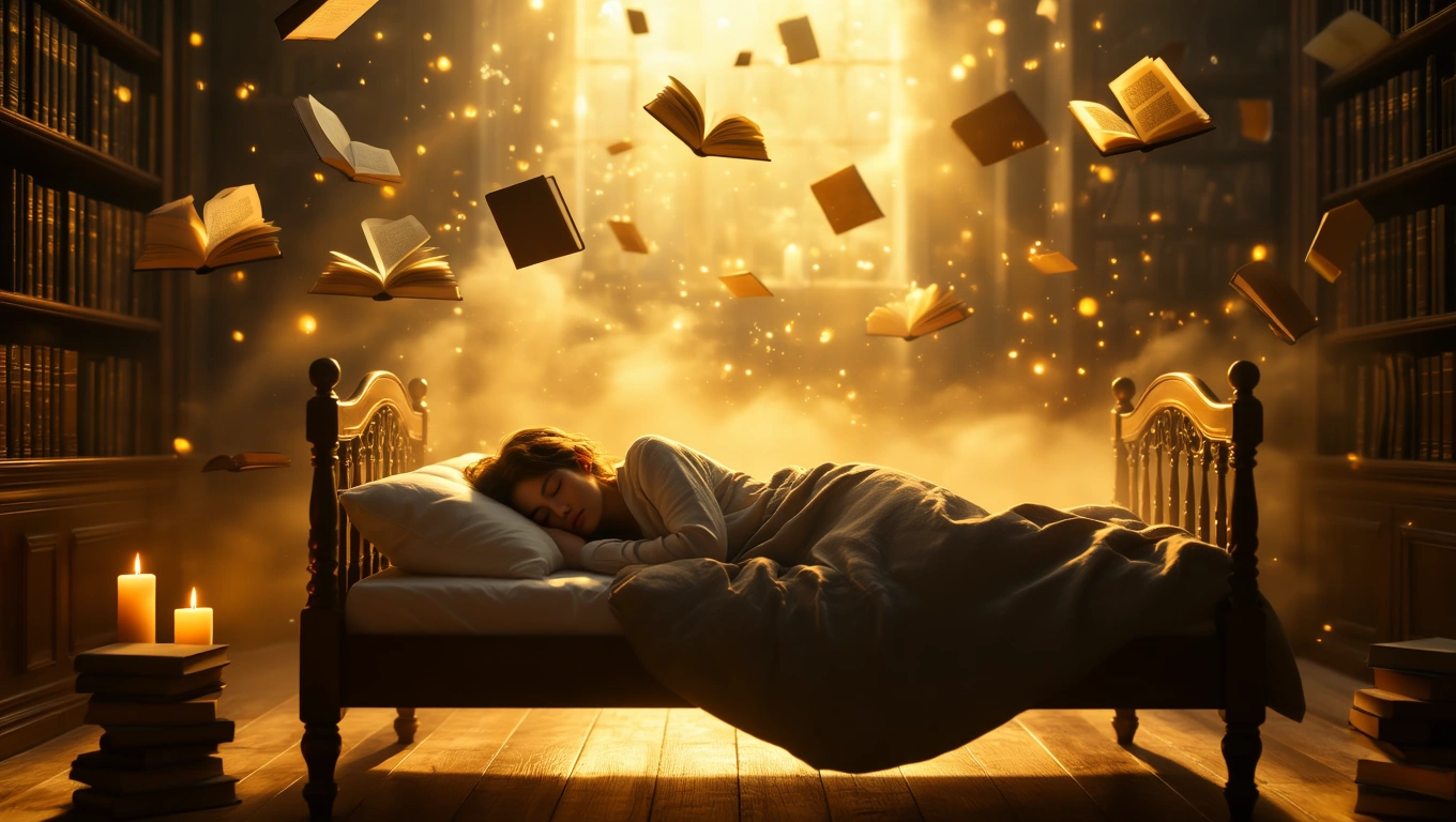 Mit jelent heverővel álmodni? – Részletes álomfejtés és értelmezés Egy fiatal nő alszik egy heverőn, körülötte lebegő könyvekkel és gyertyákkal.