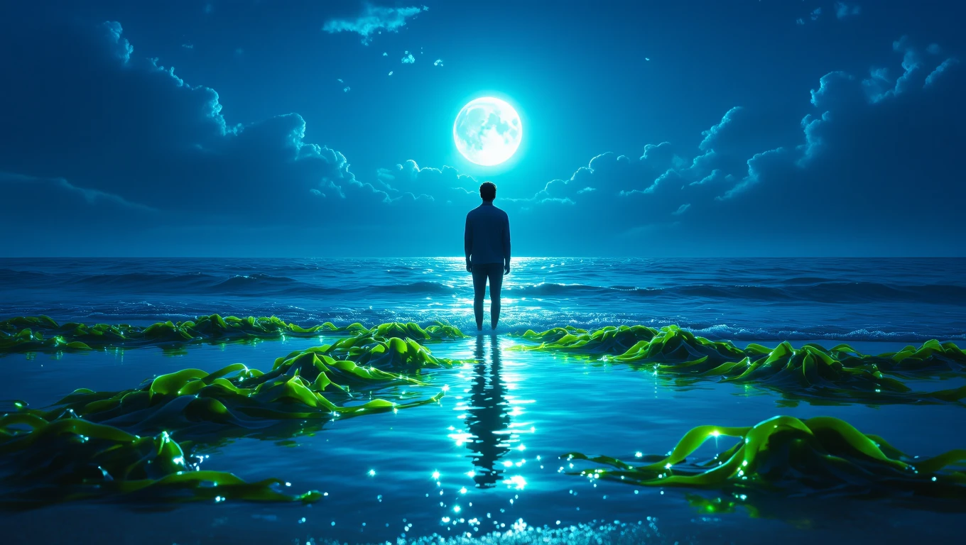 Mit jelent hínárral álmodni? – Részletes álomfejtés és értelmezés Egy ember áll a vízben, körülötte hínár, a háttérben telihold világít.