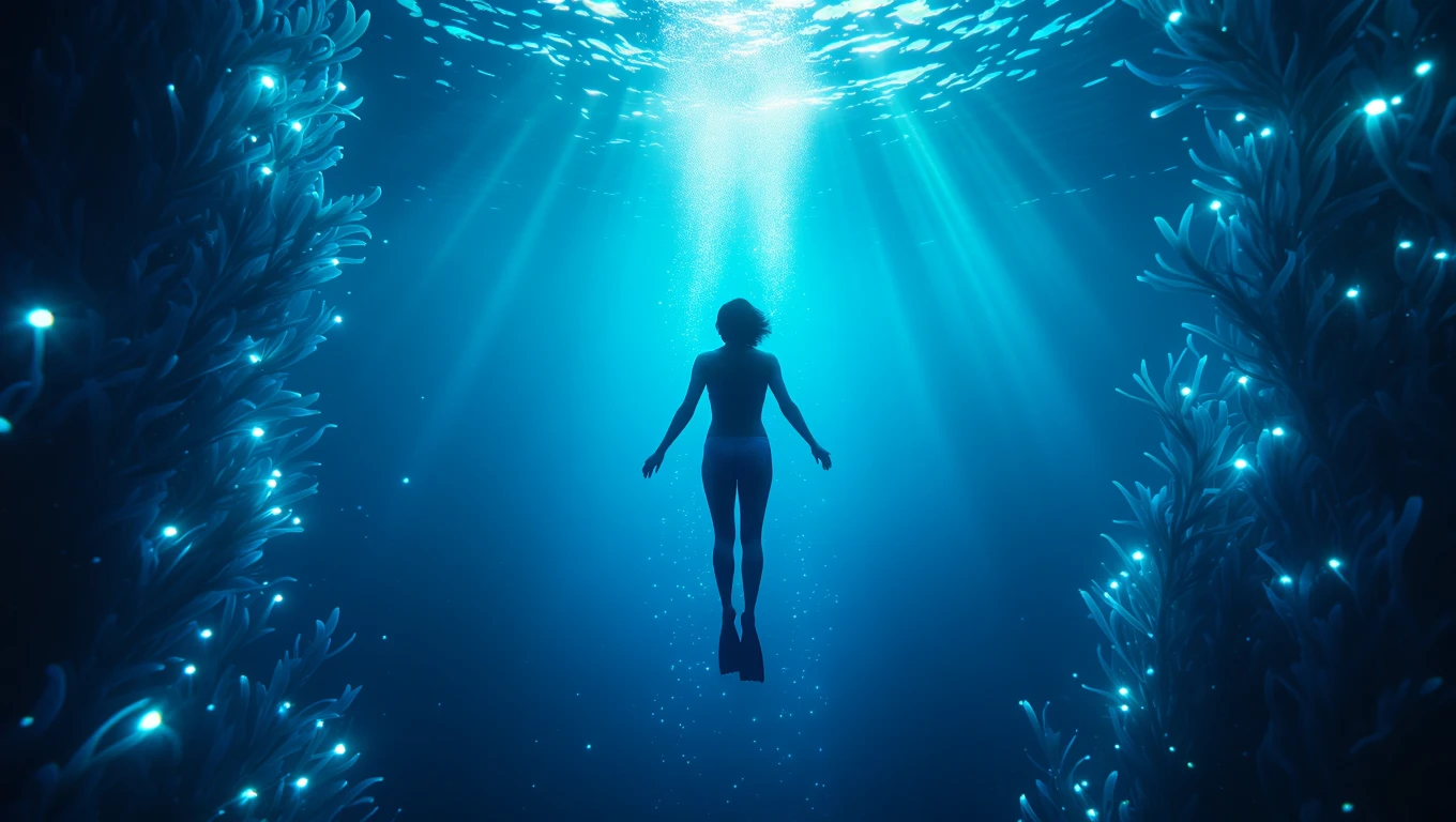 Mit jelent hínárral álmodni? – Részletes álomfejtés és értelmezés Egy női alak lebeg a víz alatt, hínárral körülvéve, kék fényekkel.