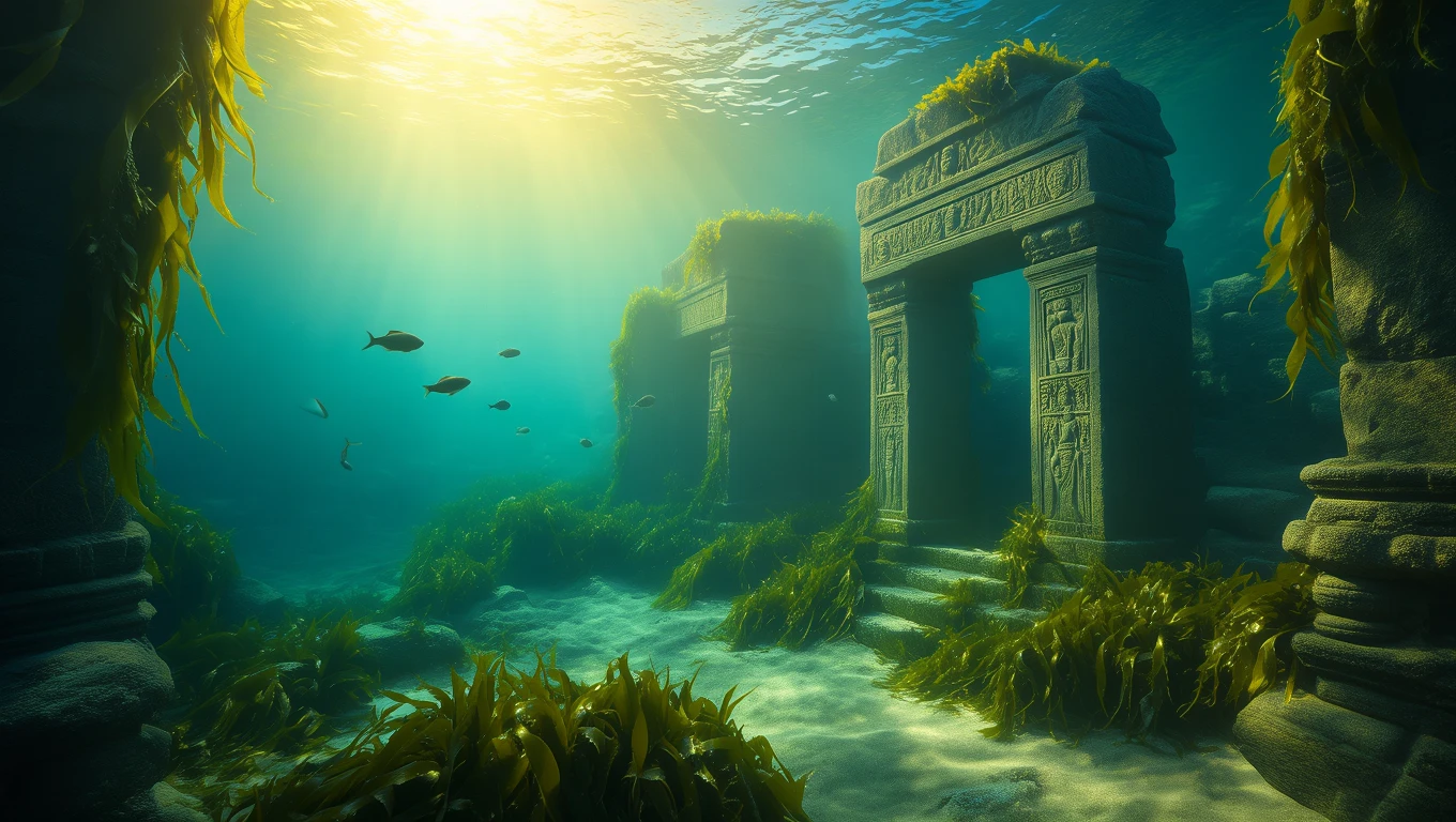 Mit jelent hínárral álmodni? – Részletes álomfejtés és értelmezés Egy víz alatti rom, hínárral borítva, napfény szűrődik át rajta.