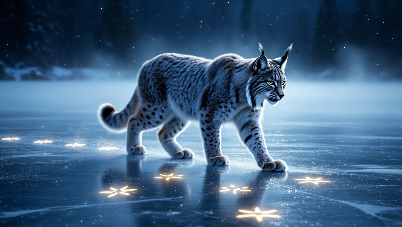 Egy hiúz sétál a jégen, csillagformájú nyomokat hagyva maga után.