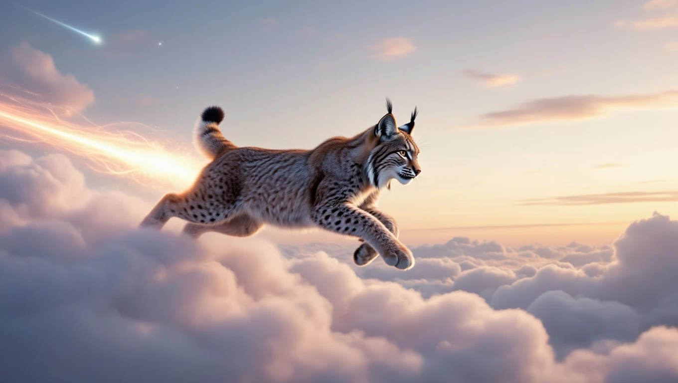 Egy hiúz ugrik a felhők felett, csillagfény kíséretében.