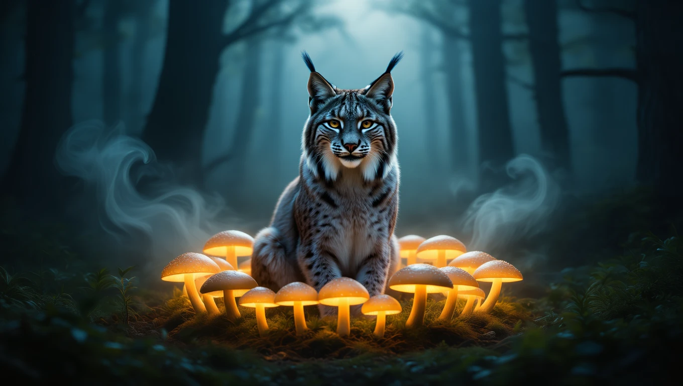 Egy hiúz ül egy fénylő gombák gyűrűjében, erdős környezetben.