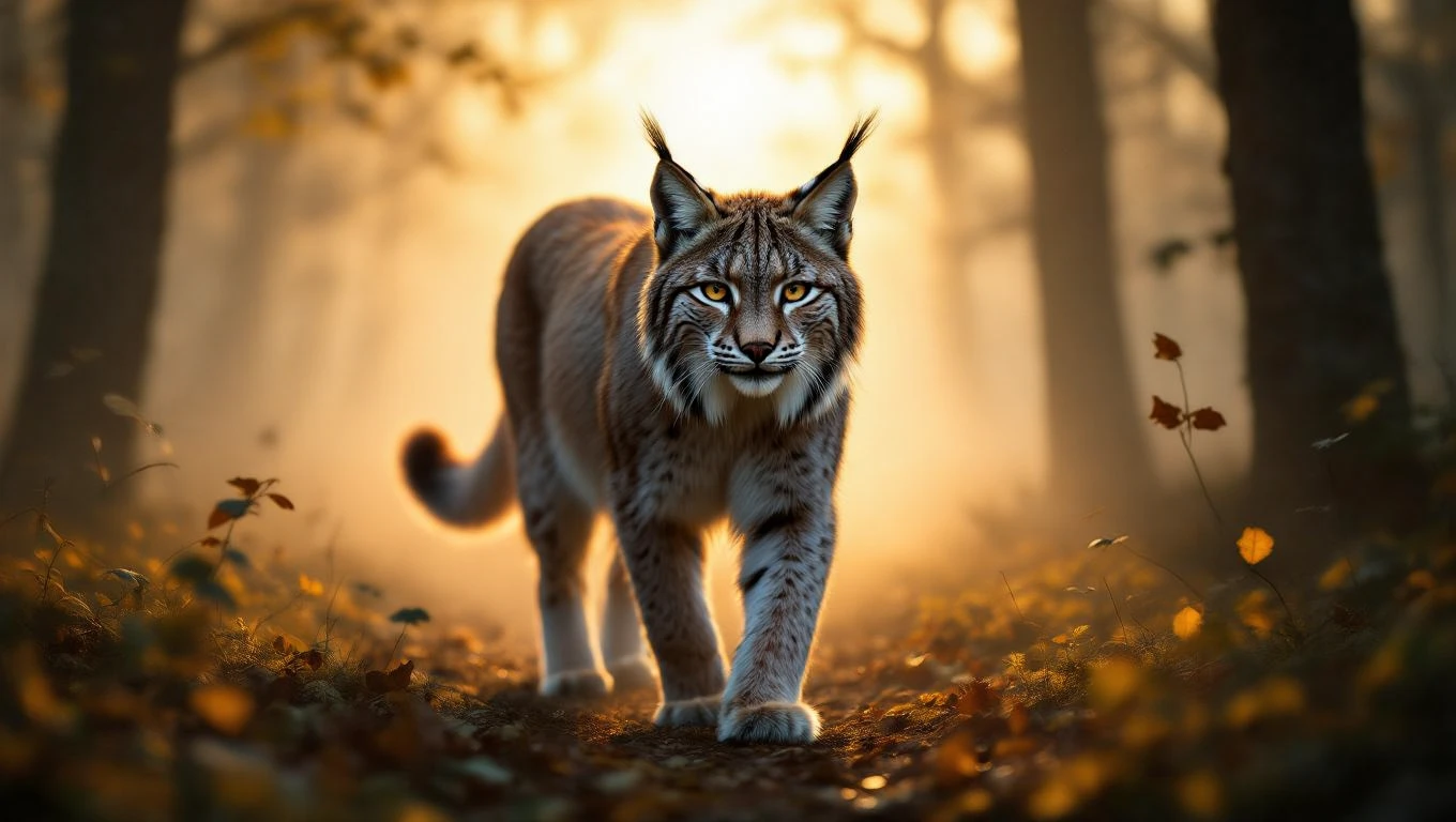 Egy hiúz sétál egy ködös erdőben, háttérben lágy fényekkel.