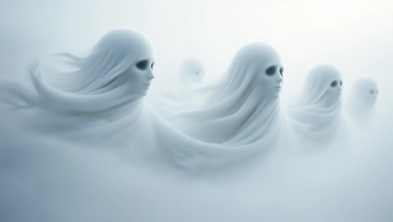 Fehér, ködös háttérben lebegő, maszkos alakok, amelyek a hófúvás szimbolikáját idézik.