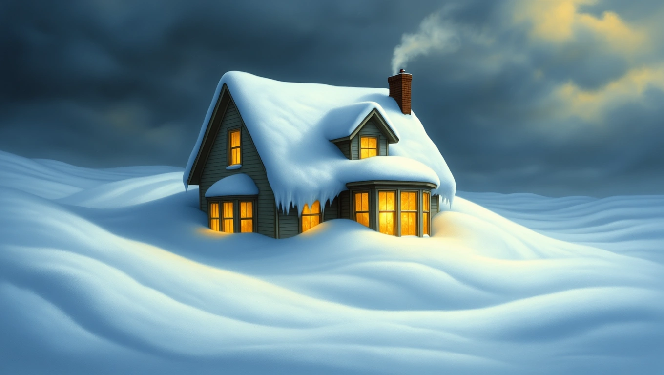 Egy hóval borított ház, amely a hófúvás szimbolikáját idézi.