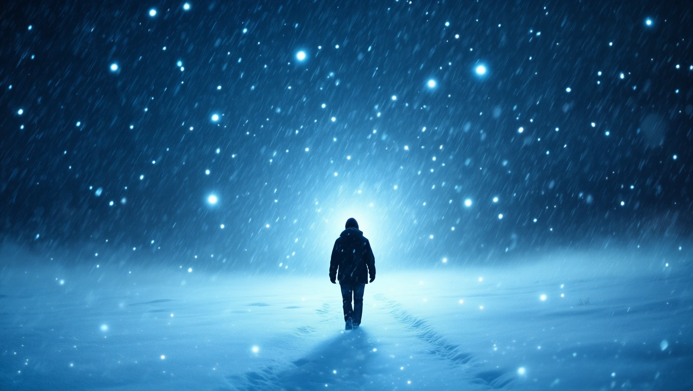 Egy ember sétál a hóesésben, körülötte fehér hó és kék fények.