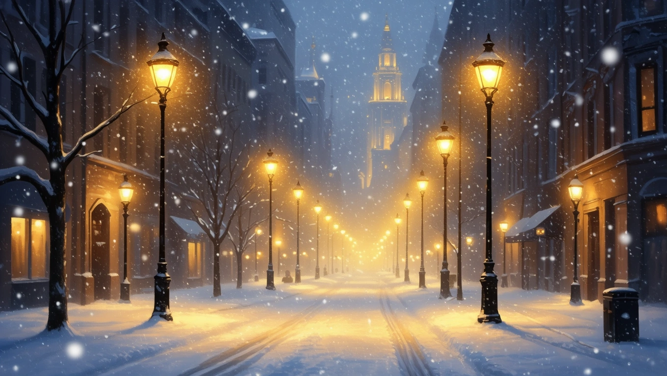 Hófúvásos utcai jelenet, világító lámpák és hóval borított járda.
