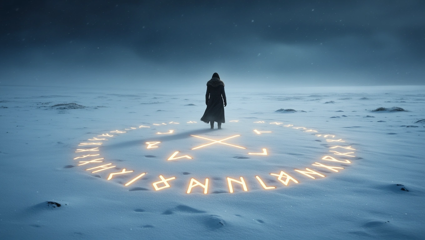 Egy alak áll a hófúvásban, körülötte fénylő szimbólumokkal a hóban.