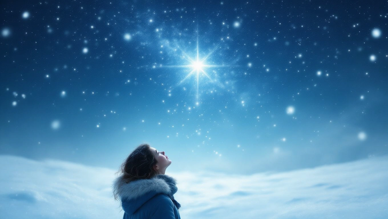 Egy nő néz fel a csillagos égre, hófúvás közepette, a tiszta hóban.
