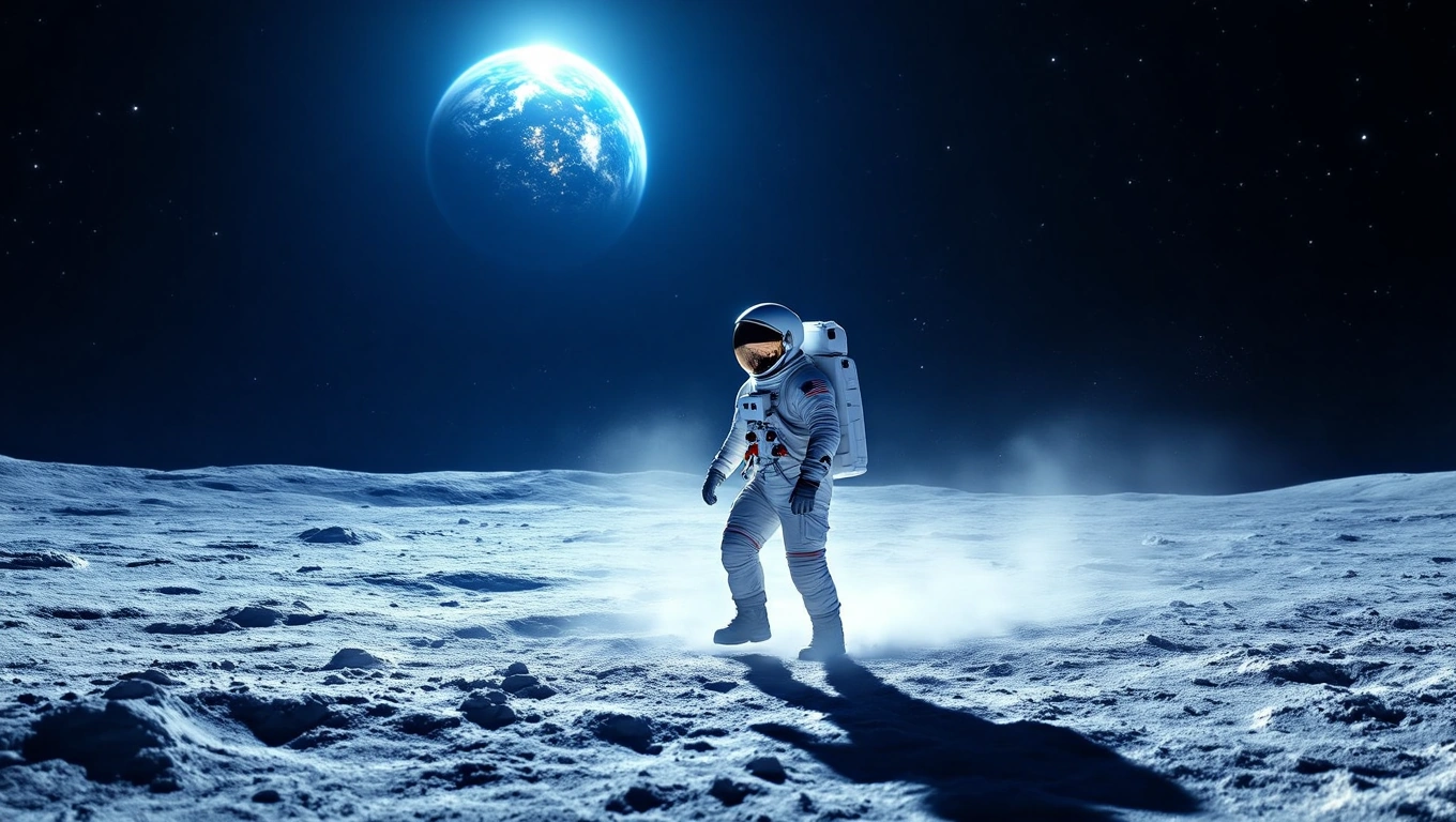 Mit jelent holdraszállással álmodni? – Részletes álomfejtés és értelmezés Űrhajós sétál a hold felszínén, háttérben a Föld látható.