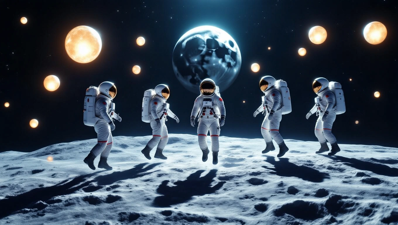 Mit jelent holdraszállással álmodni? – Részletes álomfejtés és értelmezés Négy űrhajós sétál a Hold felszínén, háttérben bolygók és csillagok.