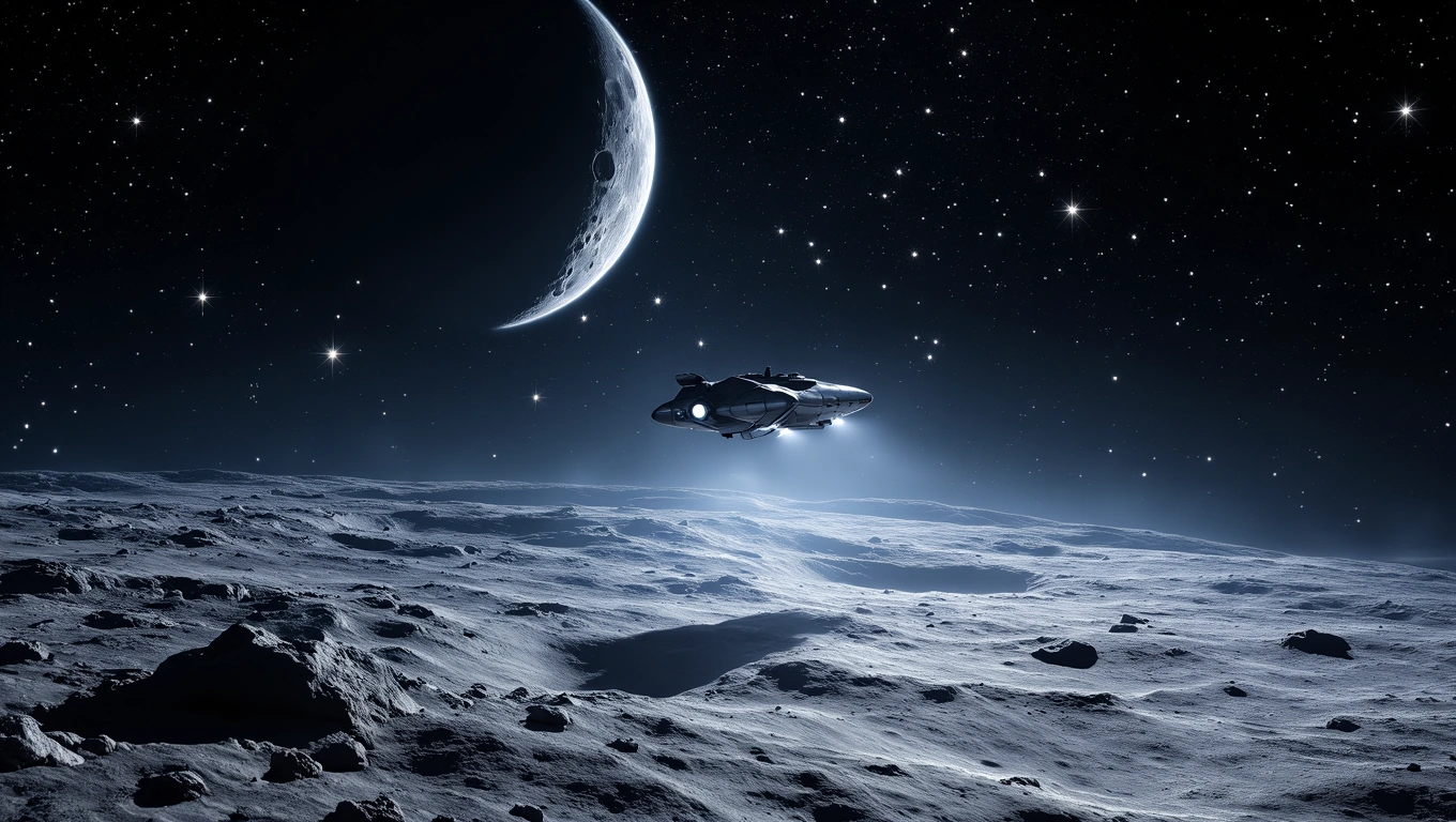 Mit jelent holdraszállással álmodni? – Részletes álomfejtés és értelmezés Űrhajó lebeg a hold felszíne felett, csillagokkal teli éjszakai égbolton.