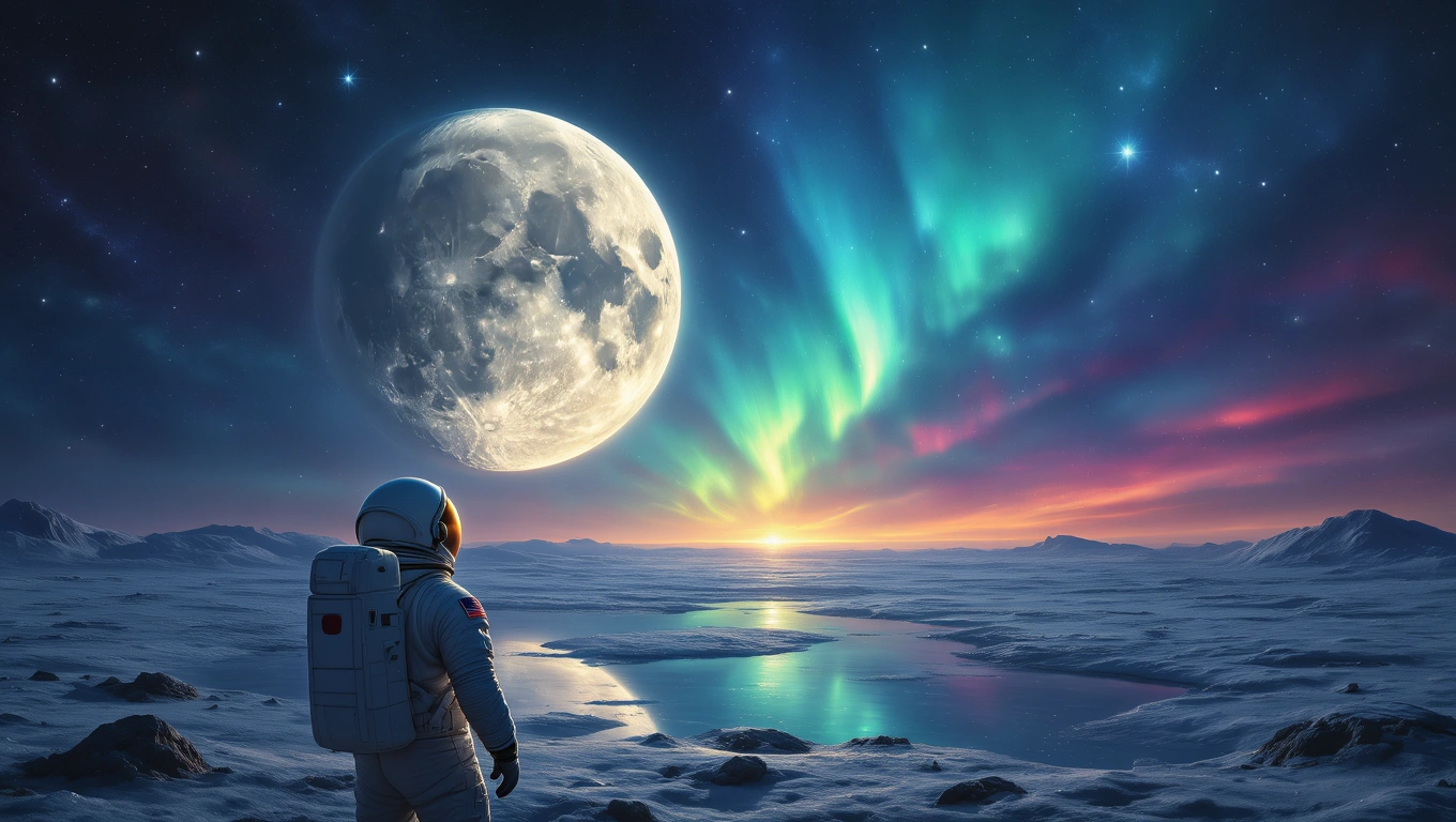 Mit jelent holdraszállással álmodni? – Részletes álomfejtés és értelmezés Űrhajós áll a hóval borított tájon, a hatalmas hold és aurora borealis előtt.