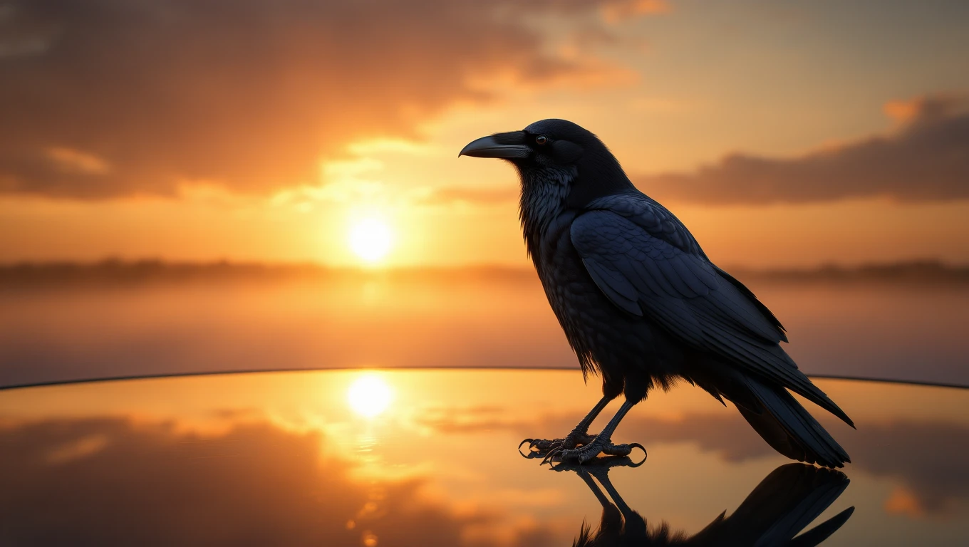 Mit jelent hollóról álmodni? – Részletes álomfejtés és értelmezés Egy holló áll a vízparton, háttérben naplementével, szimbolizálva a bölcsességet és az átalakulást.