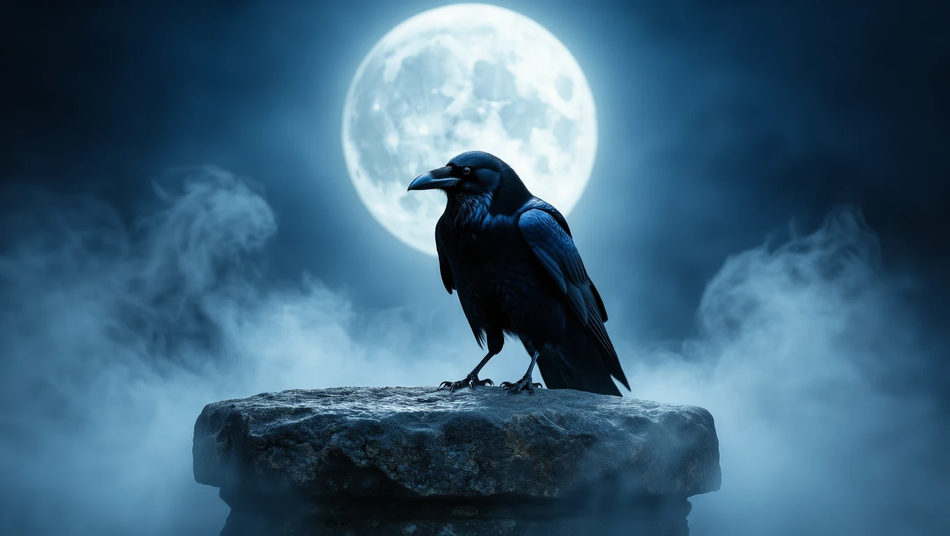 Mit jelent hollóról álmodni? – Részletes álomfejtés és értelmezés Egy holló áll egy sziklára, háttérben teliholddal és ködös tájjal.