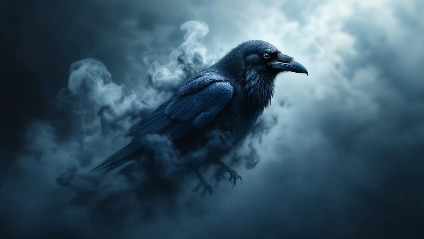 Mit jelent hollóról álmodni? – Részletes álomfejtés és értelmezés Egy holló sötét háttér előtt, füstös környezetben, titokzatos megjelenéssel.