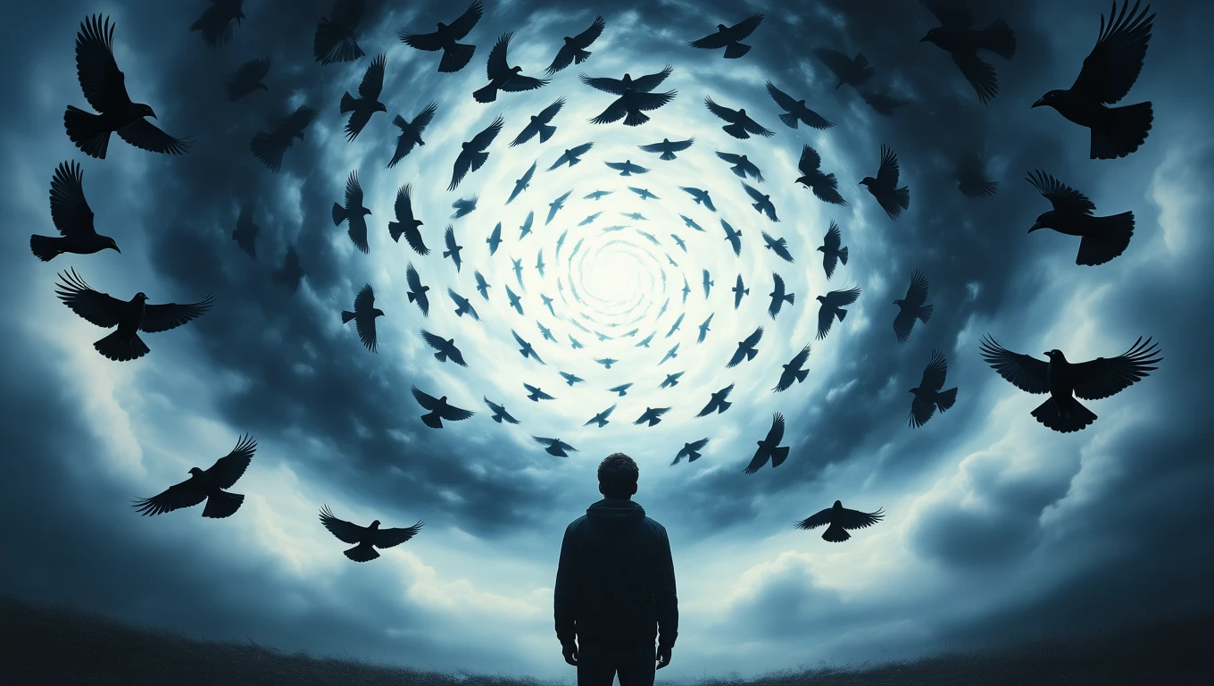 Mit jelent hollóról álmodni? – Részletes álomfejtés és értelmezés Egy férfi áll a sötét felhők alatt, körülötte hollók repkednek.