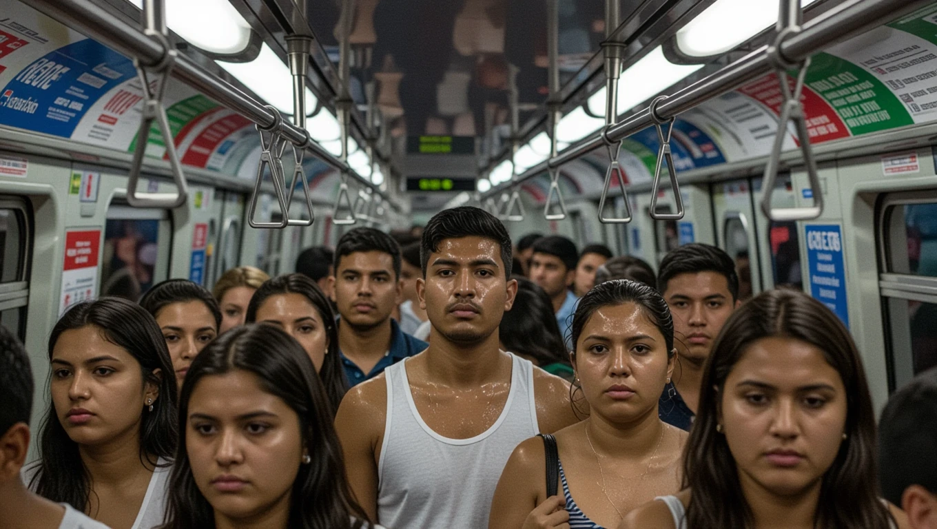 Egy zsúfolt metrószerelvényen izzadó fiatalok állnak, feszültséggel az arcukon.