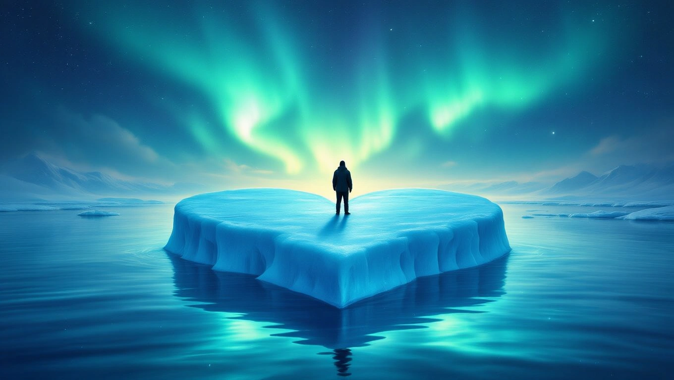 Egy jégtábla szív alakban, egy magányos figura áll a tetején, északi fények világítanak az égen.
