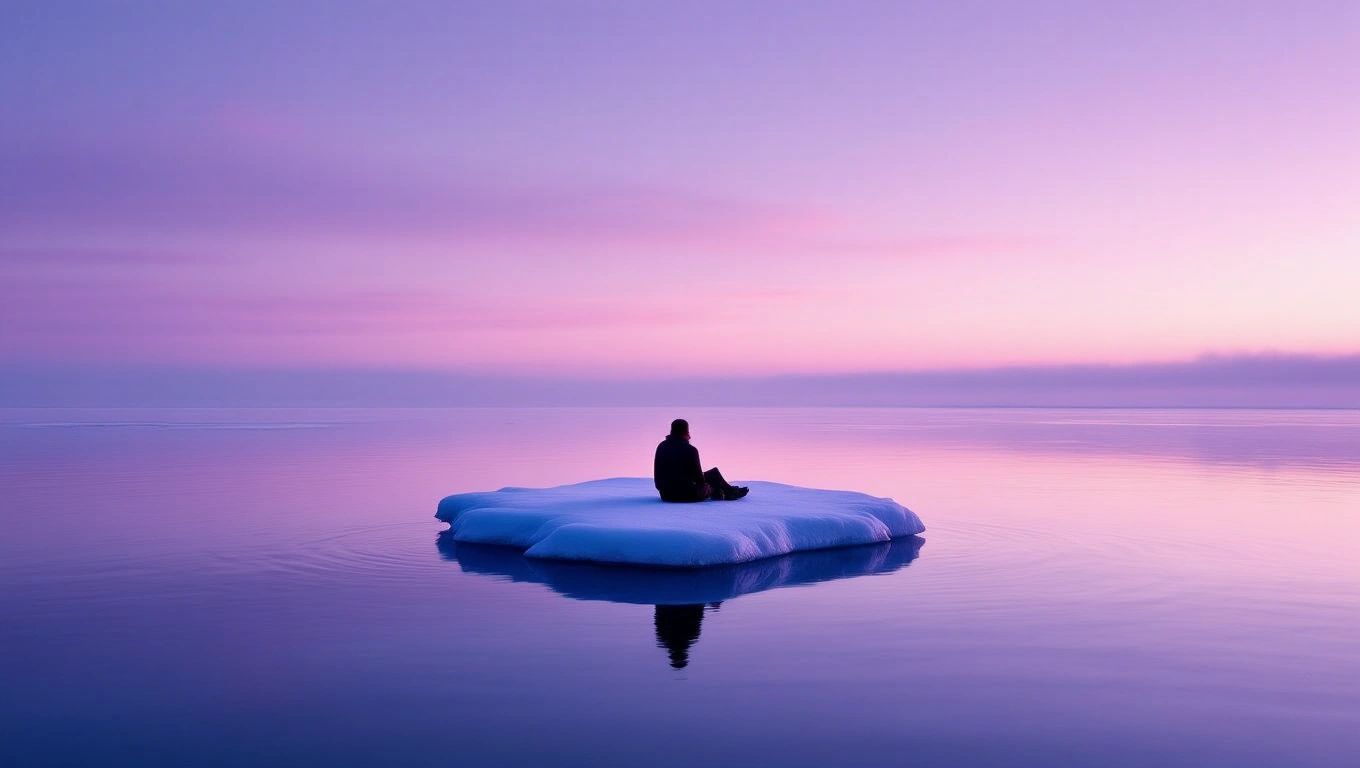 Egy jégtáblán ülő ember a víz közepén, nyugodt, lilás ég alatt.