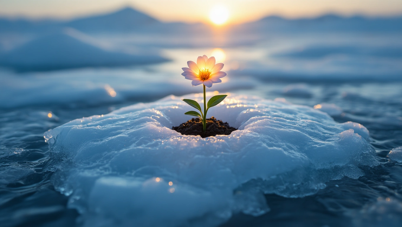 Egy virág nő egy jégtáblán, a háttérben naplementével.