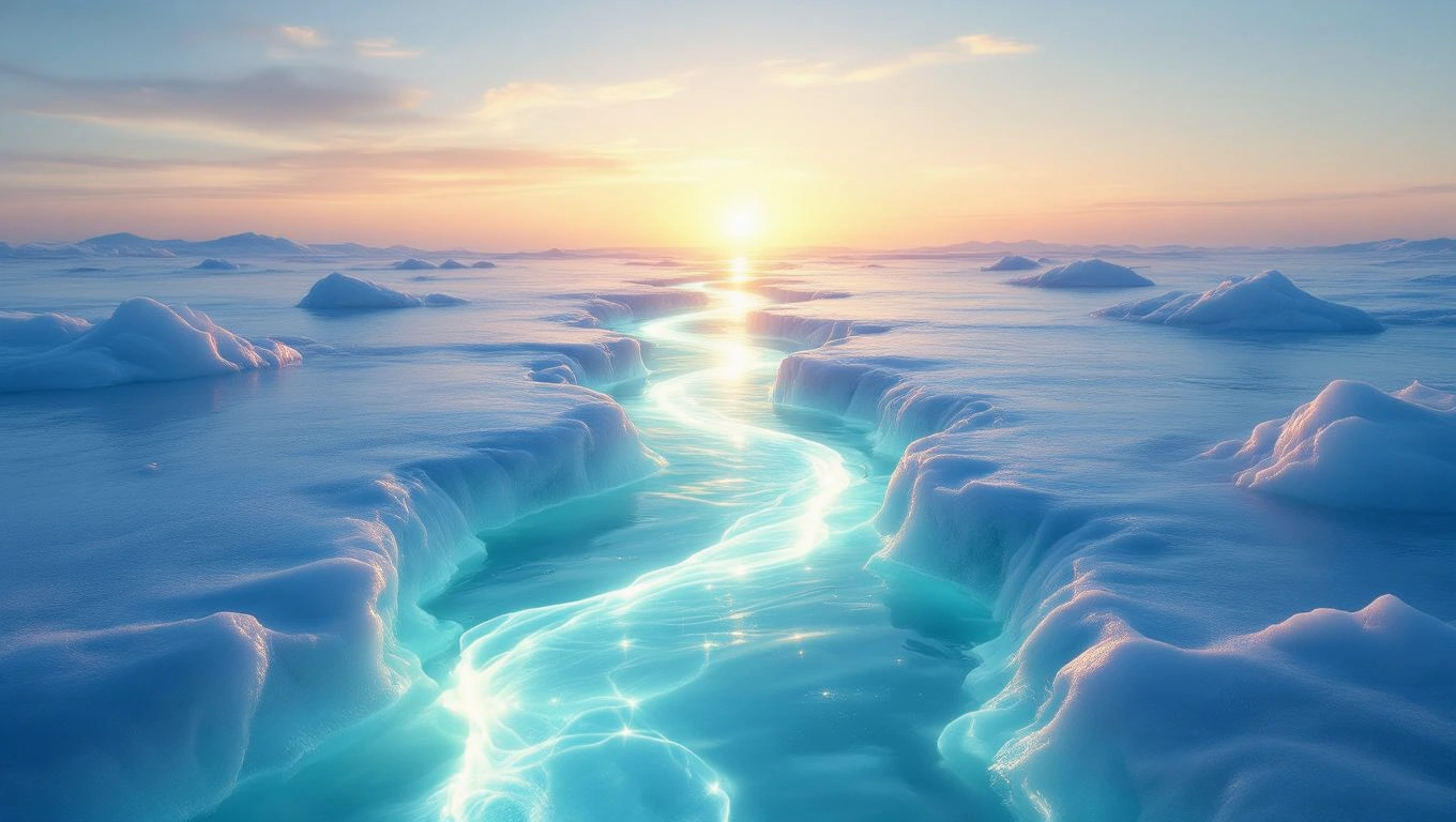 Jégtáblák és víz csillogása a naplementében, álomszerű táj.