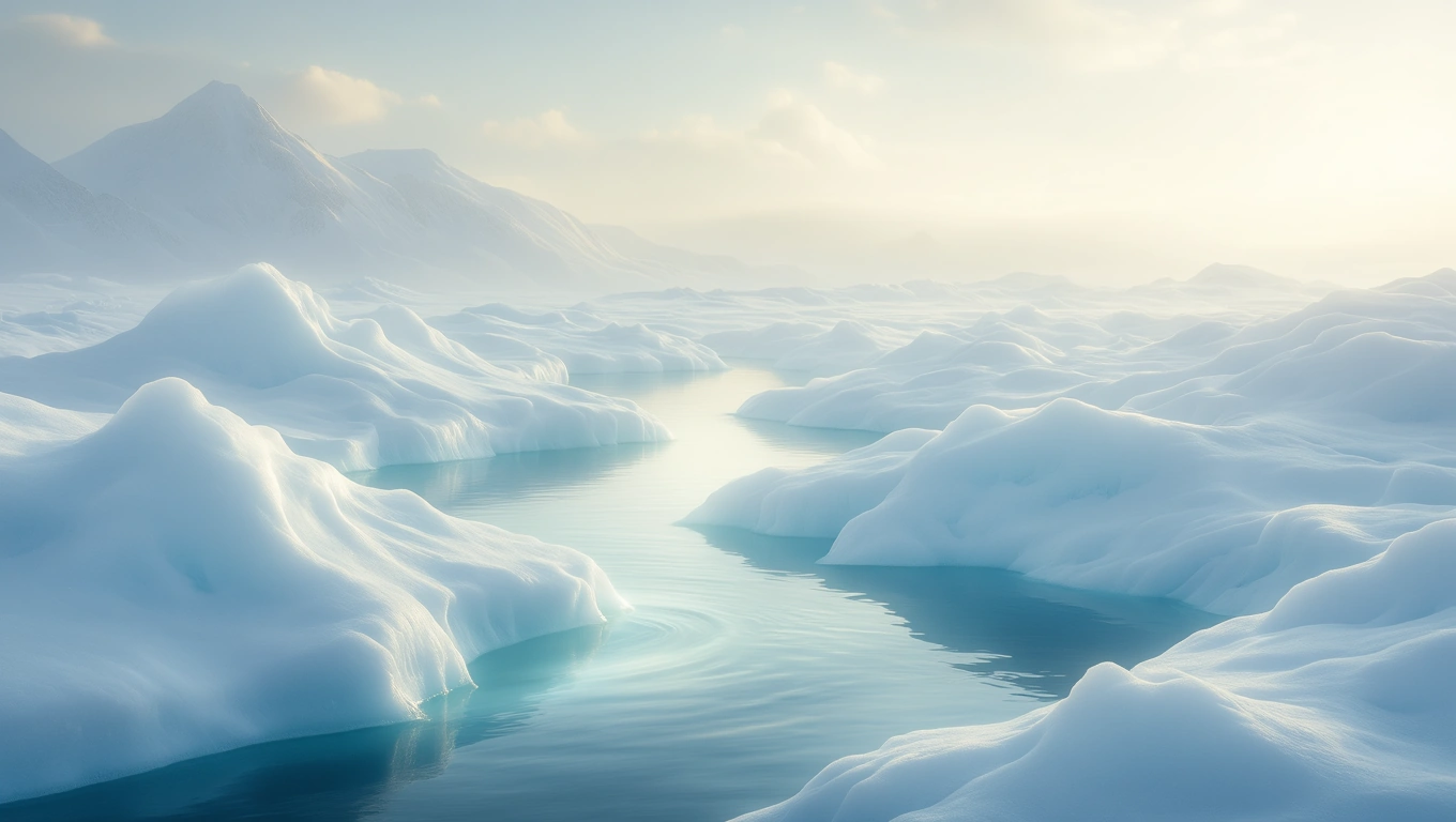 Jégtáblák és vízfelületek egy csendes, havas tájon.