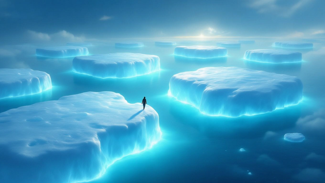 Egy ember áll jégtáblák között, a víz tükrözi a kék eget.