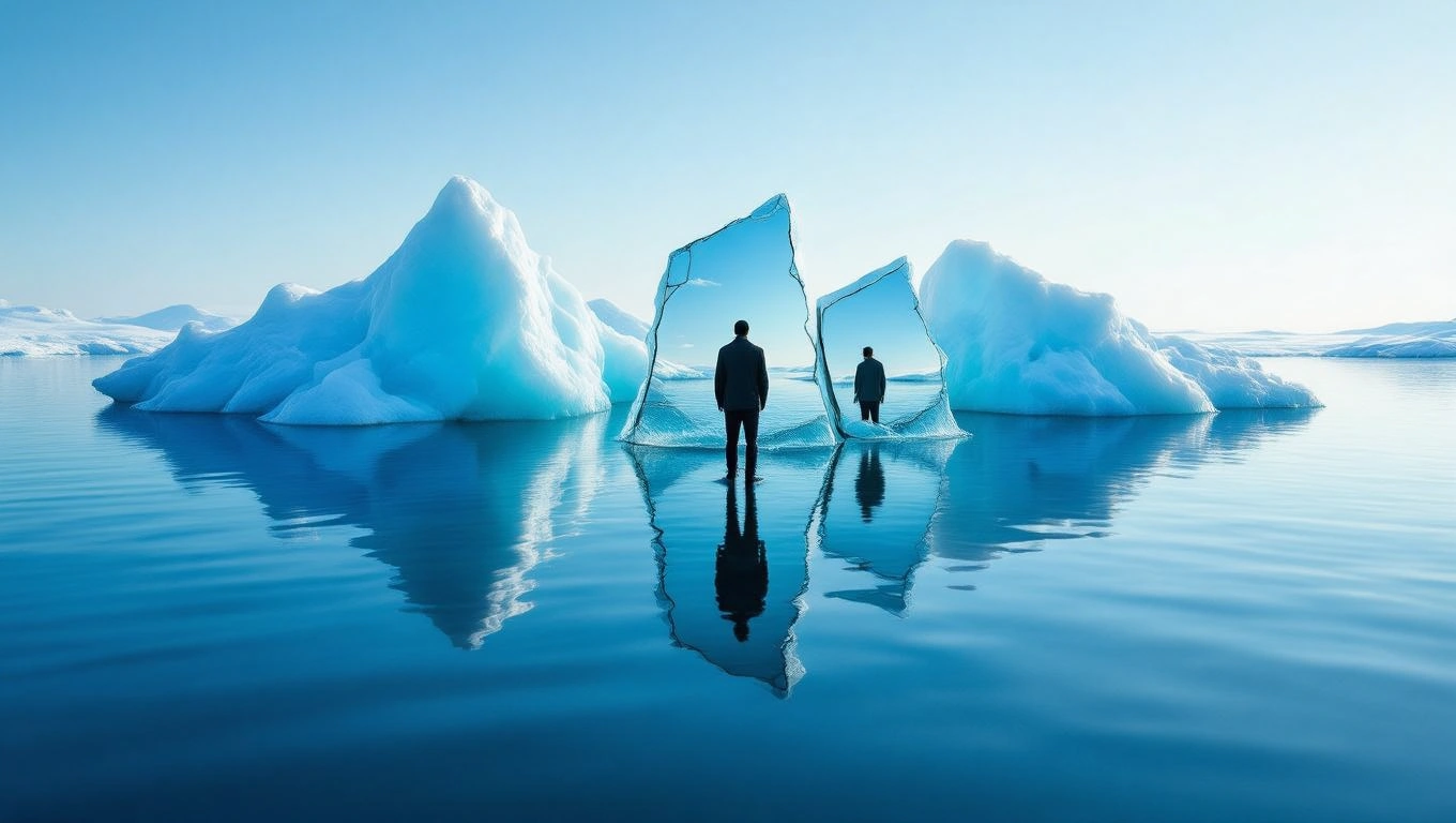 Egy jégtáblák között álló férfi, aki a víz tükrében néz vissza.