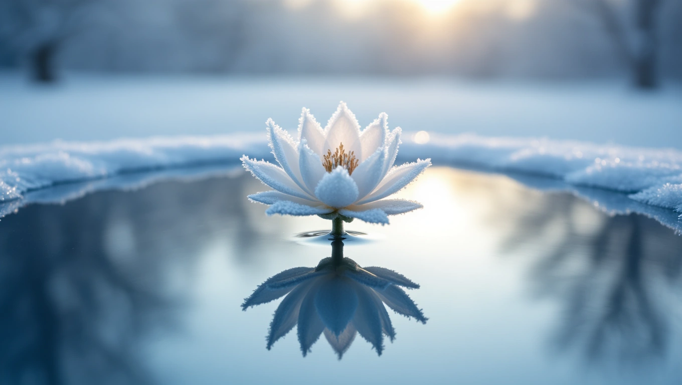 Mit jelent jégvirágról álmodni? – Részletes álomfejtés és értelmezés Egy jégvirág áll egy tükörsima vízfelületen, körülötte hó és jég.