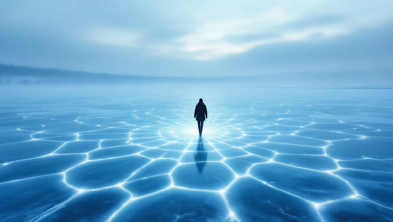 Mit jelent jégvirágról álmodni? – Részletes álomfejtés és értelmezés Egy ember áll a jégvirág mintázatú, befagyott vízfelületen, körülötte kékes fények.
