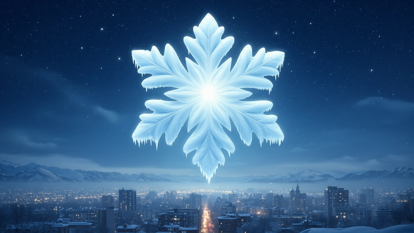 Mit jelent jégvirágról álmodni? – Részletes álomfejtés és értelmezés Egy hatalmas, jégvirág formájú hópehely lebeg a város felett, csillagokkal teli éjszakai háttérben.