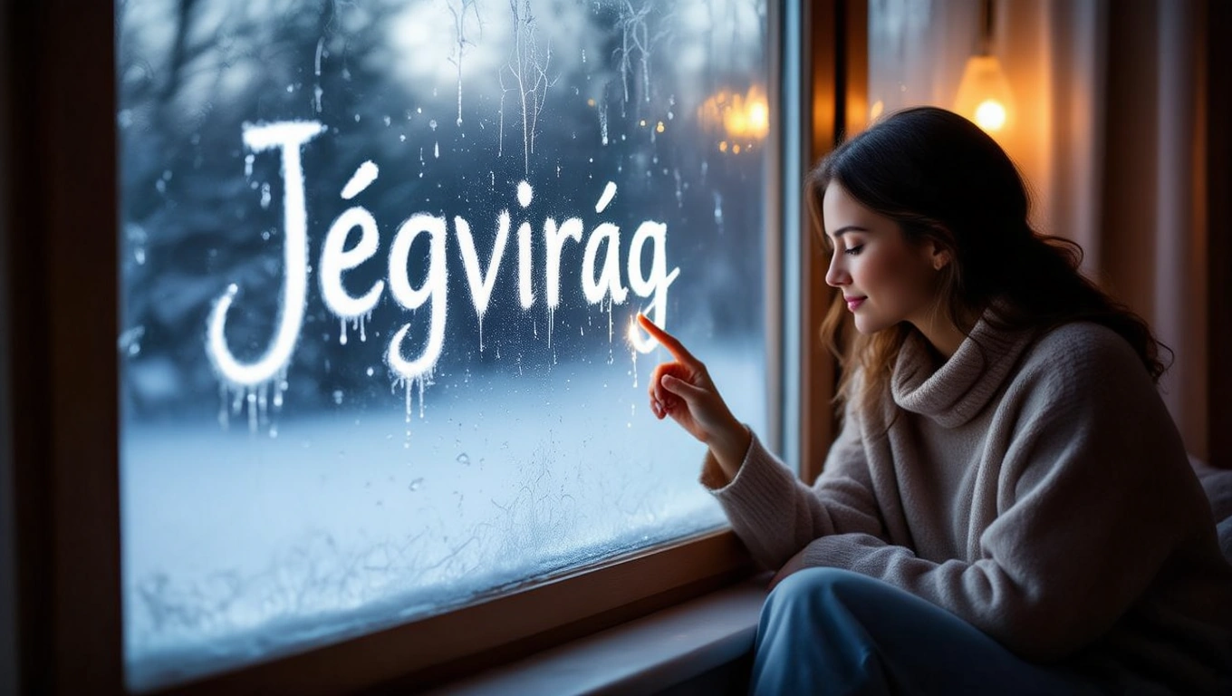 Egy nő az ablakon jégvirágot rajzol, mellette téli táj látható.