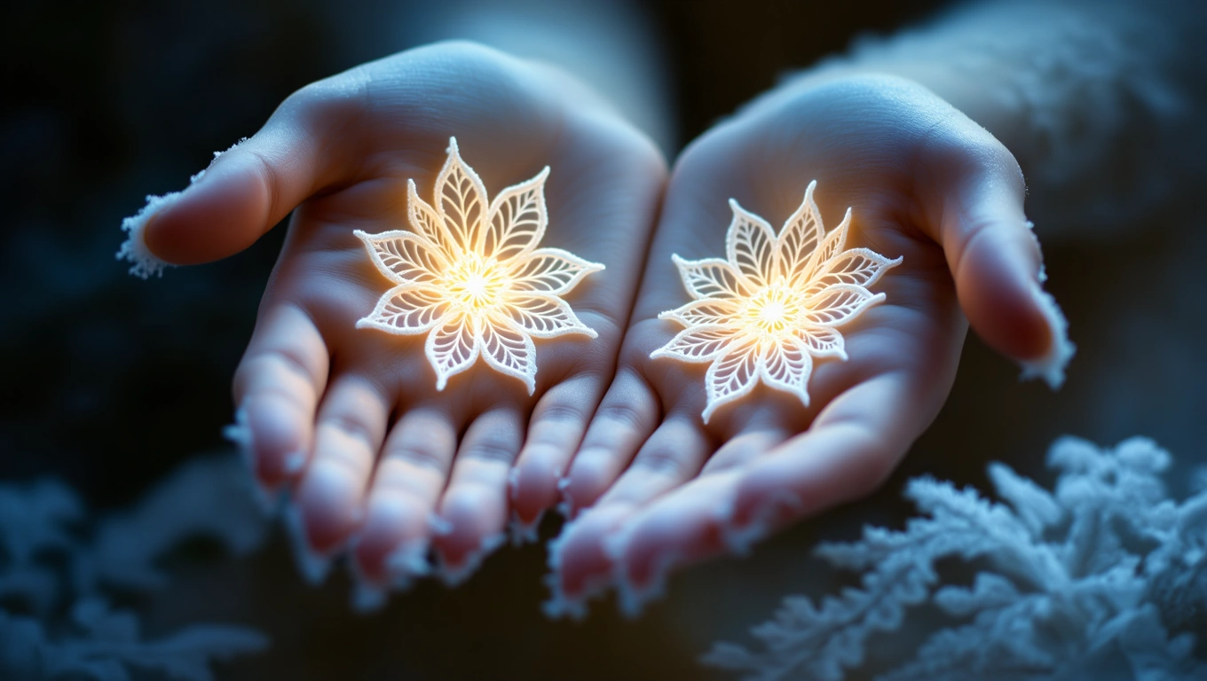 Mit jelent jégvirágról álmodni? – Részletes álomfejtés és értelmezés Két jégvirágot tartó kéz, a virágok világítanak a sötét háttérben.