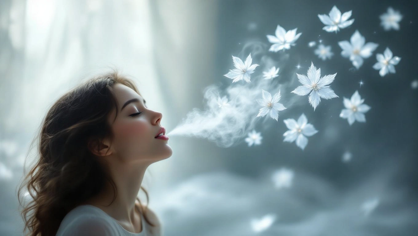 Mit jelent jégvirágról álmodni? – Részletes álomfejtés és értelmezés Egy nő fújja a levegőt, miközben jégvirágok lebegnek körülötte.
