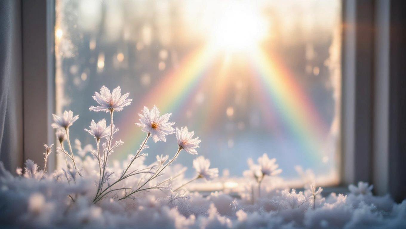 Mit jelent jégvirágról álmodni? – Részletes álomfejtés és értelmezés Jégvirágok nyílnak egy ablak előtt, napfény és szivárvány háttérben.