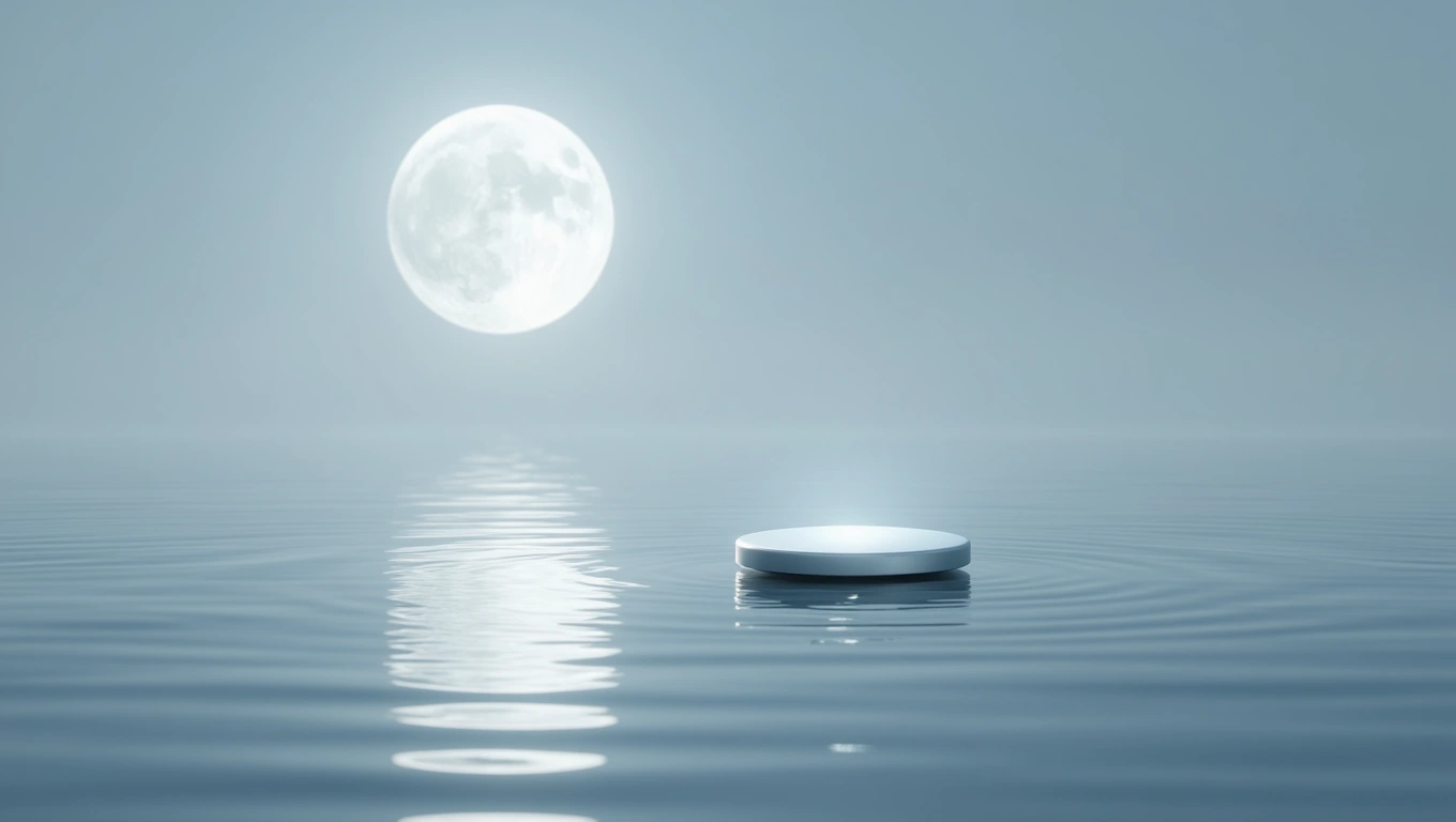 Mit jelent jelvénnyel álmodni? – Részletes álomfejtés és értelmezés Egy fehér jelvény lebeg a vízen, mögötte a telihold világít.