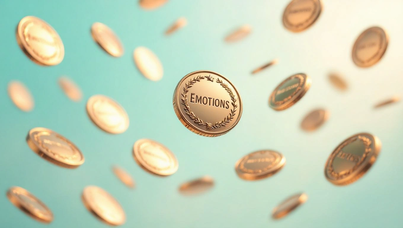 Mit jelent jelvénnyel álmodni? – Részletes álomfejtés és értelmezés Arany színű érmek lebegnek, középen az 'EMOTIONS' felirattal.