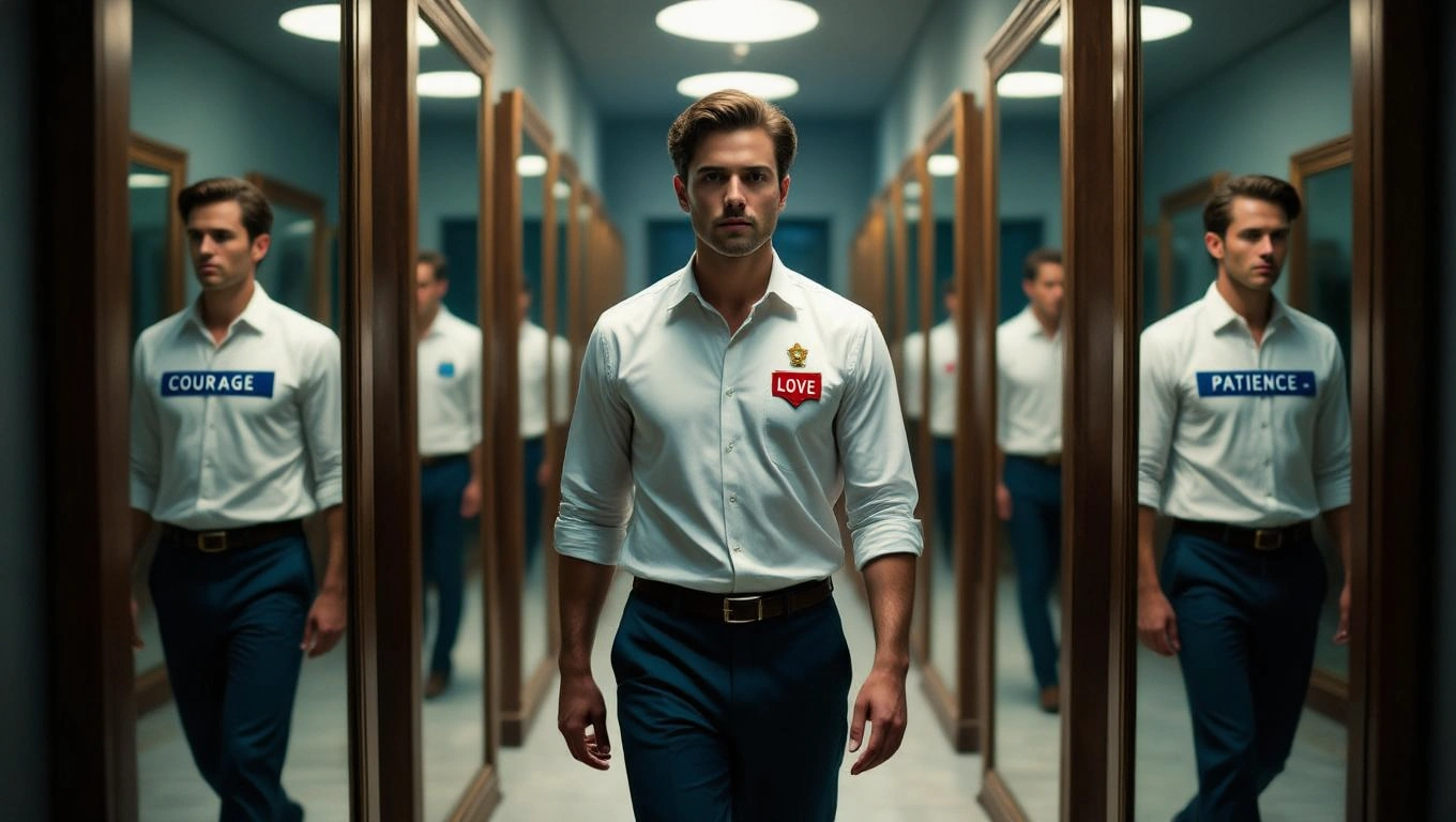 Mit jelent jelvénnyel álmodni? – Részletes álomfejtés és értelmezés Egy férfi, aki különböző jelvényeket visel, tükrök között sétál.