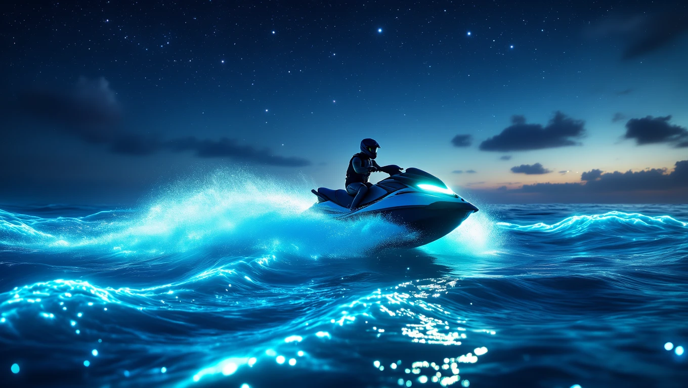 Mit jelent jetskivel álmodni? – Részletes álomfejtés és értelmezés Egy jetski száguld a kék vízen, csillagokkal teli ég alatt.