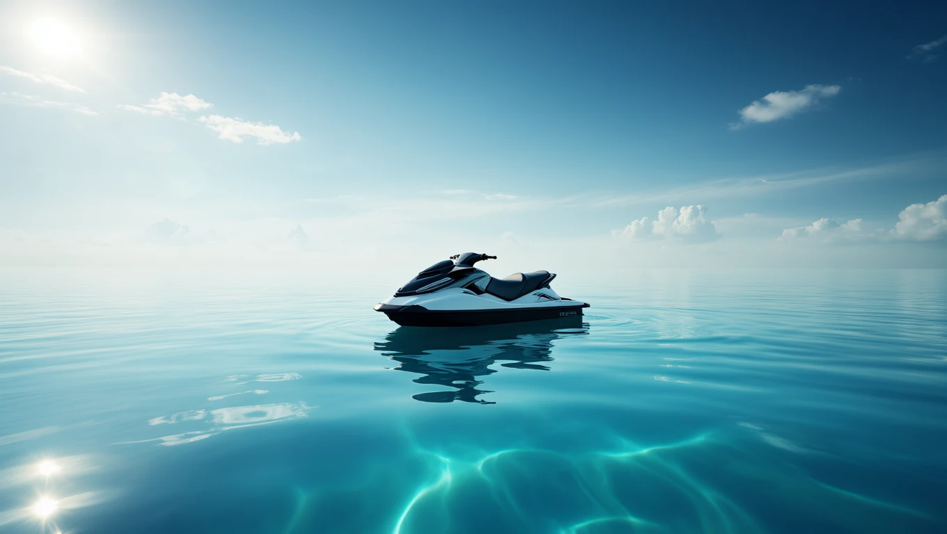Mit jelent jetskivel álmodni? – Részletes álomfejtés és értelmezés Egy jetski úszik a nyugodt, kék vízen, a napfényben ragyogva.