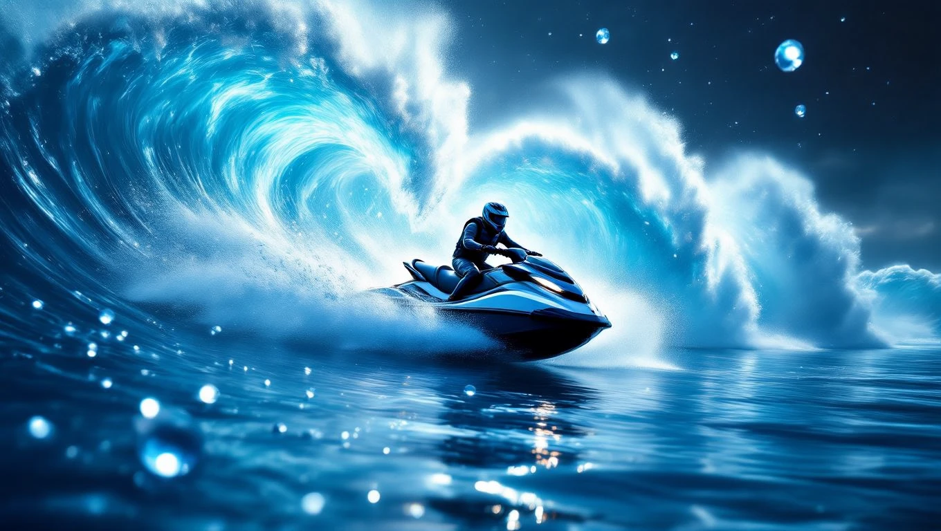 Mit jelent jetskivel álmodni? – Részletes álomfejtés és értelmezés Egy jetski vízen száguld, hatalmas hullámok között, dinamikus mozgásban.