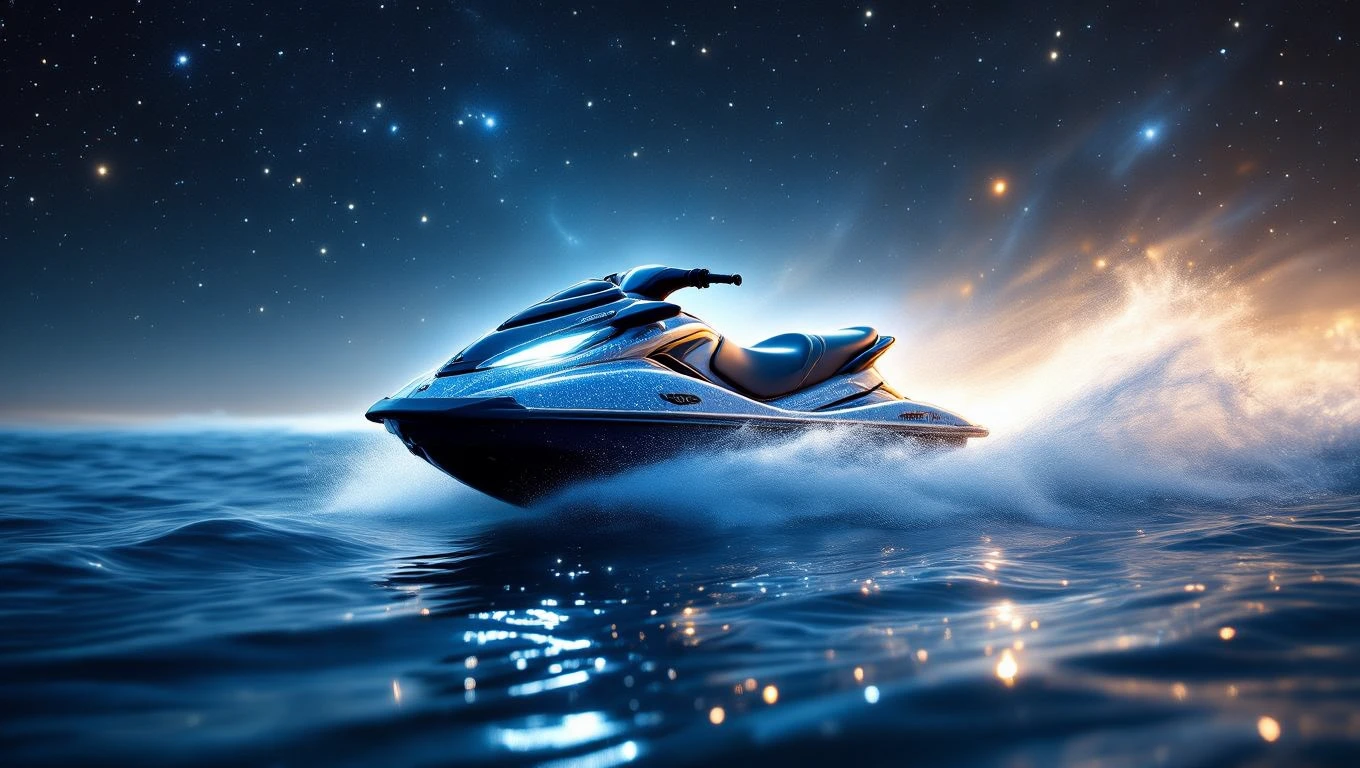 Mit jelent jetskivel álmodni? – Részletes álomfejtés és értelmezés Egy jetski gyorsan halad a vízen, csillagokkal teli éjszakai háttér előtt.